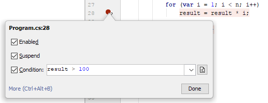 JetBrains&nbsp;Rider: conditional breakpoints
