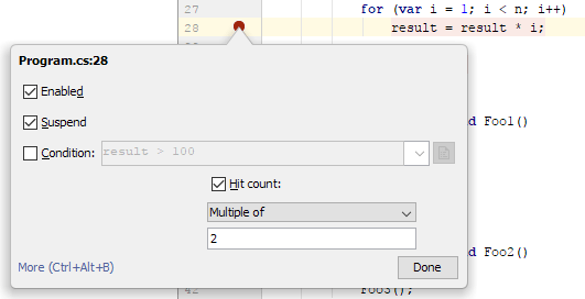 JetBrains&nbsp;Rider: breakpoints. hit count