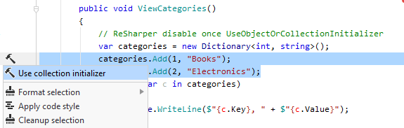 JetBrains&nbsp;Rider: Converting assignments to object initializer