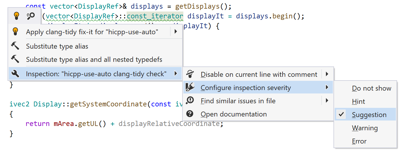 JetBrains&nbsp;Rider: Clang-Tidy inspection menu