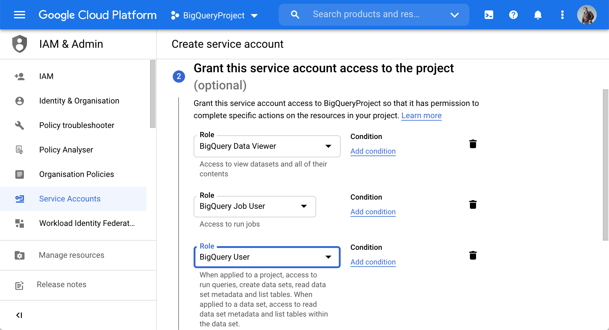 Grant this service account access to the project Grant this service account access to the project