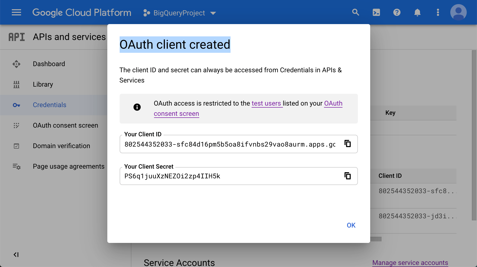 OAuth client created OAuth client created