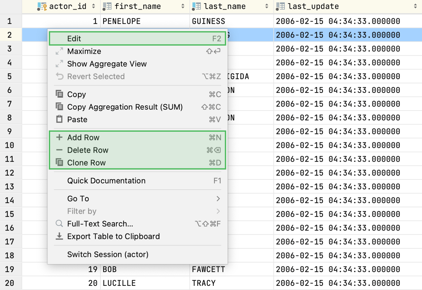 rows in the data editor rows in the data editor