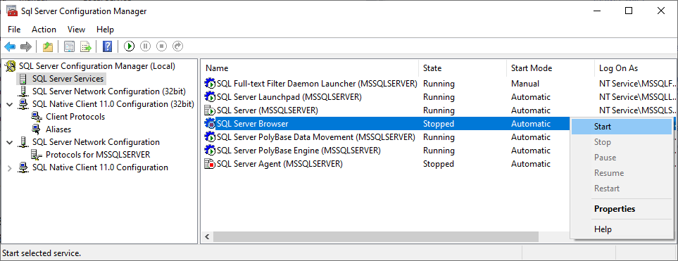 Run the SQL Server Browser Run the SQL Server Browser