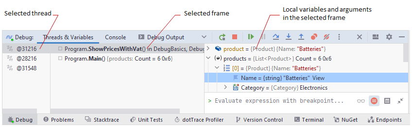 JetBrains&nbsp;Rider: Debug frames pane