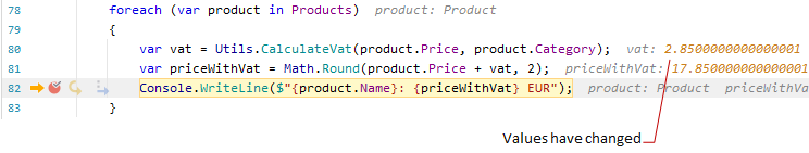 JetBrains&nbsp;Rider debugger: Inline values in the editor