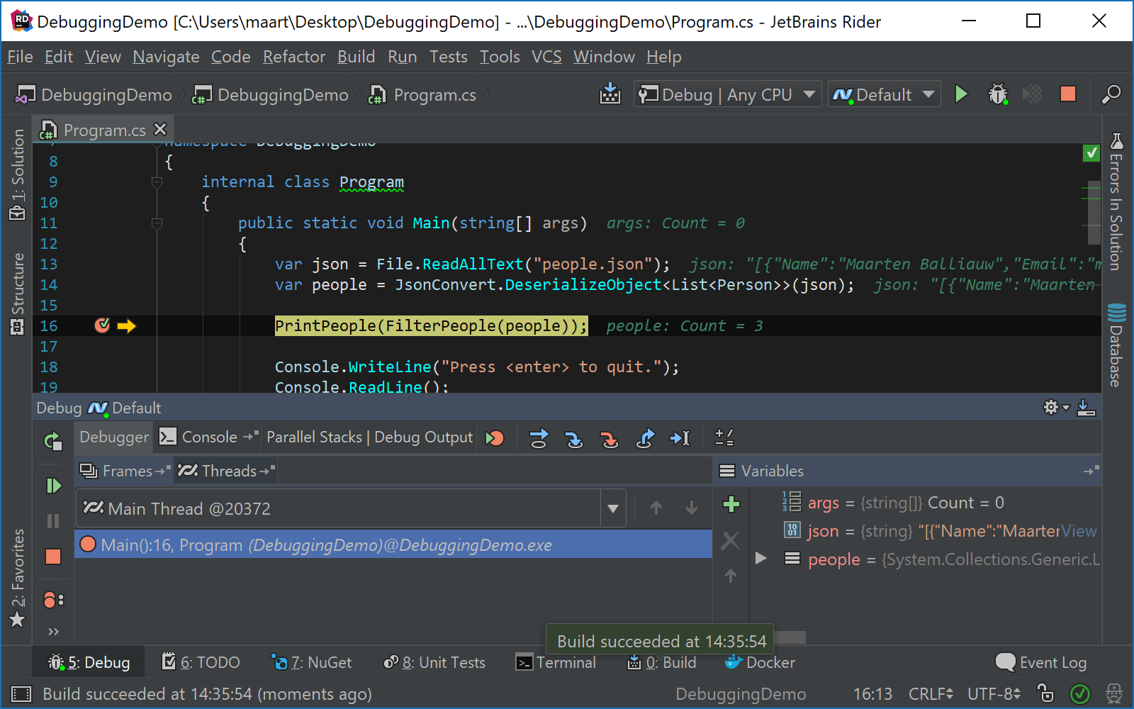 JetBrains&nbsp;Rider: Using Alt+Enter menu while debugging