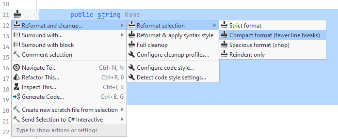 JetBrains&nbsp;Rider: Compact, spacious, and strict format for code blocks
