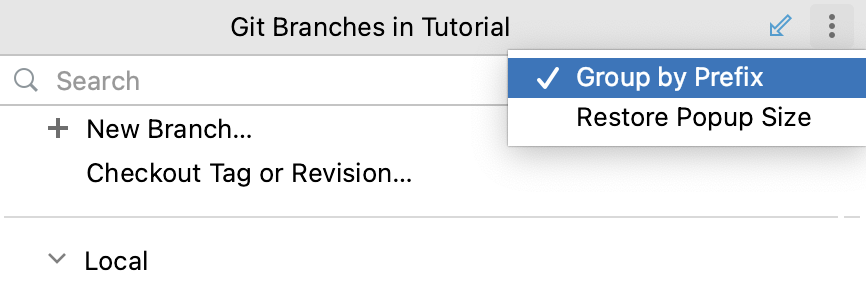 Group by Prefix option in the Branches popup Group by Prefix option in the Branches popup
