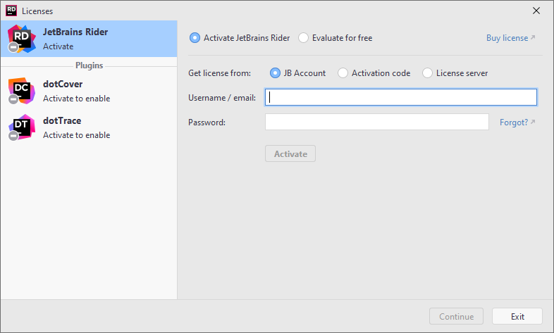 JetBrains&nbsp;Rider: Licenses dialog