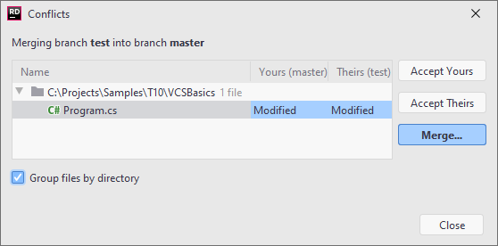 JetBrains&nbsp;Rider: VCS operation conflicts dialog