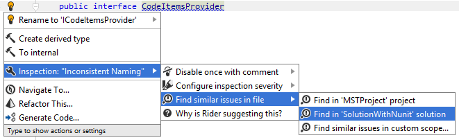 JetBrains&nbsp;Rider: Using action list to find naming style issues