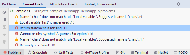 JetBrains&nbsp;Rider: Problems tool window. Current File tab