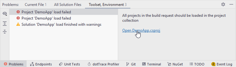 JetBrains&nbsp;Rider: Problems window. Toolset, Environment tab