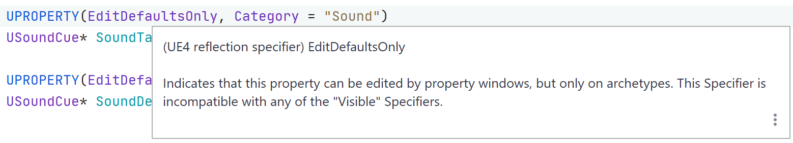 JetBrains&nbsp;Rider: Quick documentation for Unreal Engine reflection specifiers