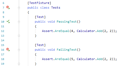 JetBrains Rider shows different indicators for unit tests in the editor JetBrains Rider shows different indicators for unit tests in the editor