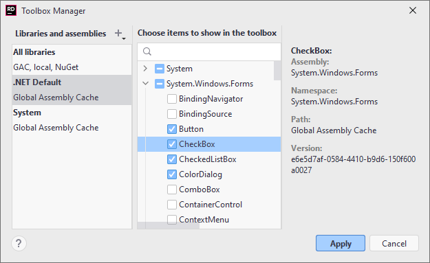 JetBrains&nbsp;Rider: Manage controls available in the Windows Forms designer