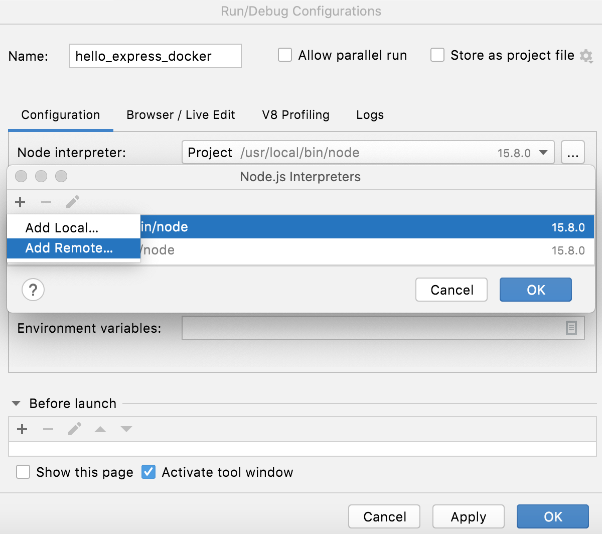 Node.js with Docker: run/debug configuration, configure interpreter, select Add Remote Node.js with Docker: run/debug configuration, configure interpreter, select Add Remote