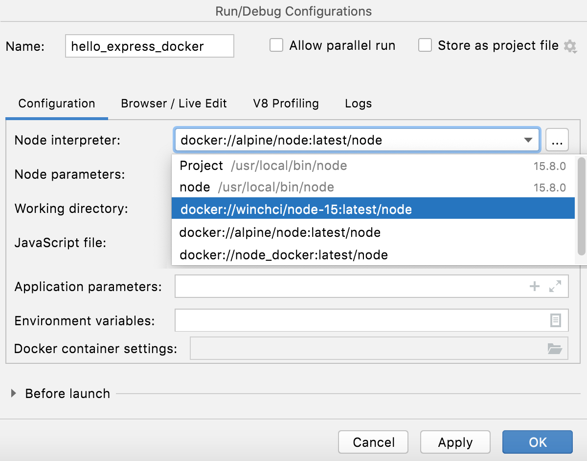 Node.js with Docker: run/debug configuration, select interpreter Node.js with Docker: run/debug configuration, select interpreter