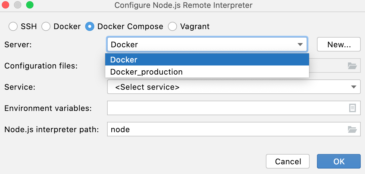 Configure a Node.js interpreter via Docker Compose: select the Docker Server Configure a Node.js interpreter via Docker Compose: select the Docker Server