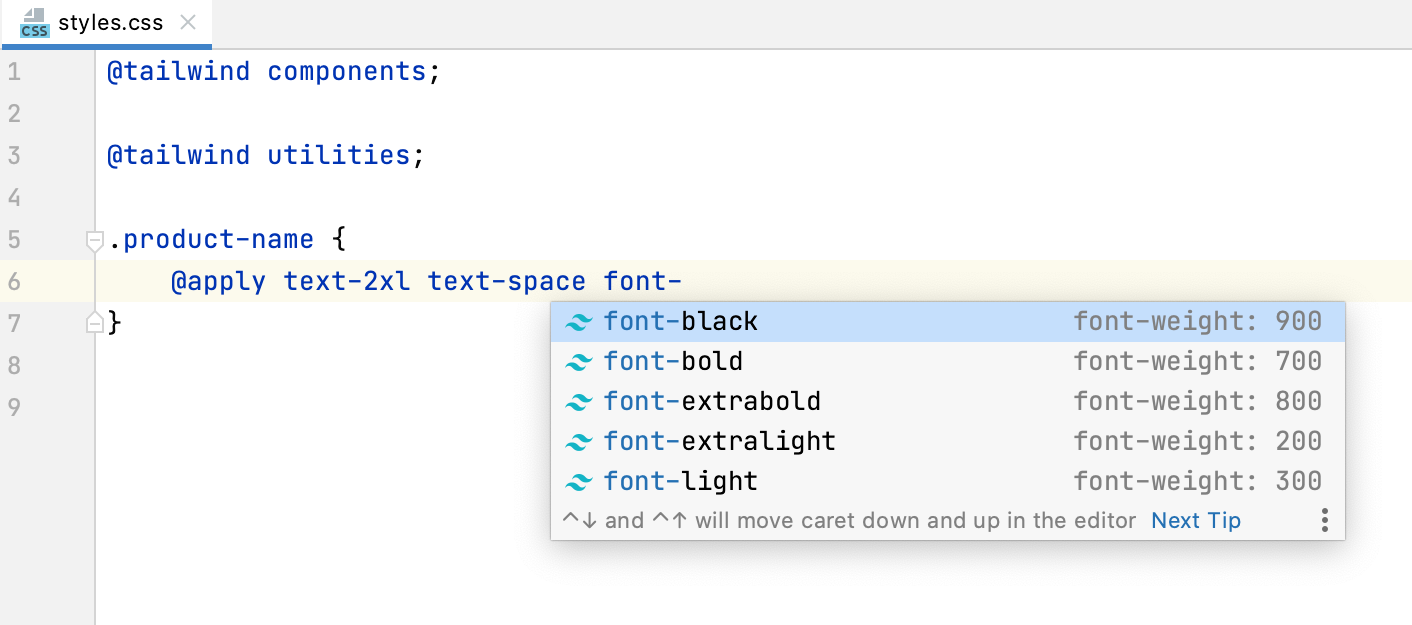 Completing Tailwind classes after @apply directive Completing Tailwind classes after @apply directive