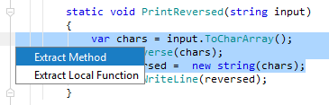 JetBrains Rider. Extract Method refactoring: choosing to extract a local function JetBrains Rider. Extract Method refactoring: choosing to extract a local function
