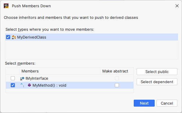 JetBrains Rider. Push Members Down refactoring JetBrains Rider. Push Members Down refactoring