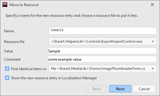 JetBrains&nbsp;Rider 'Move to Resource' refactoring