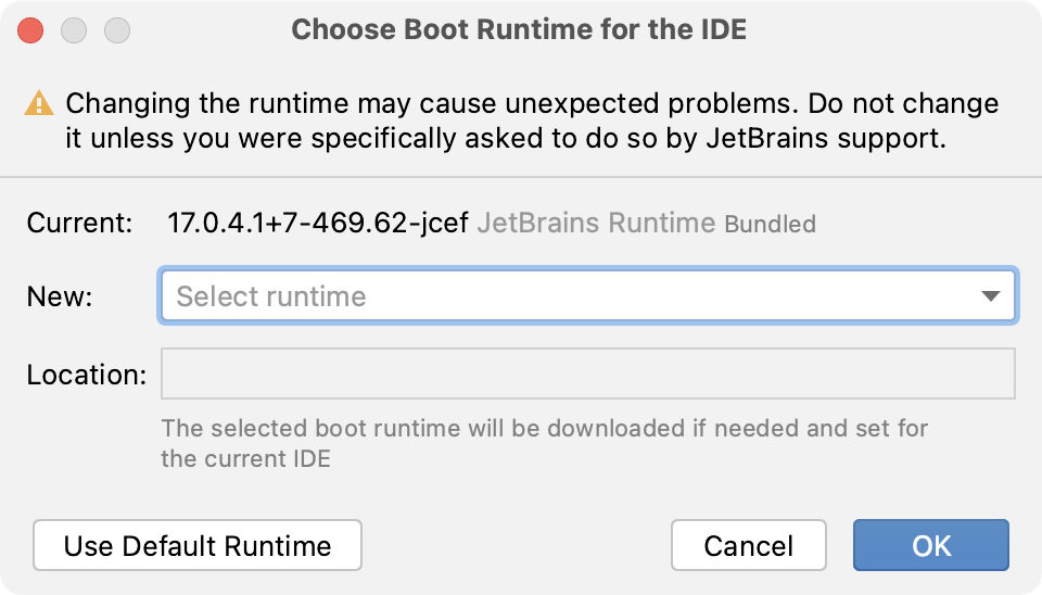 Choose Boot Runtime for the IDE Choose Boot Runtime for the IDE
