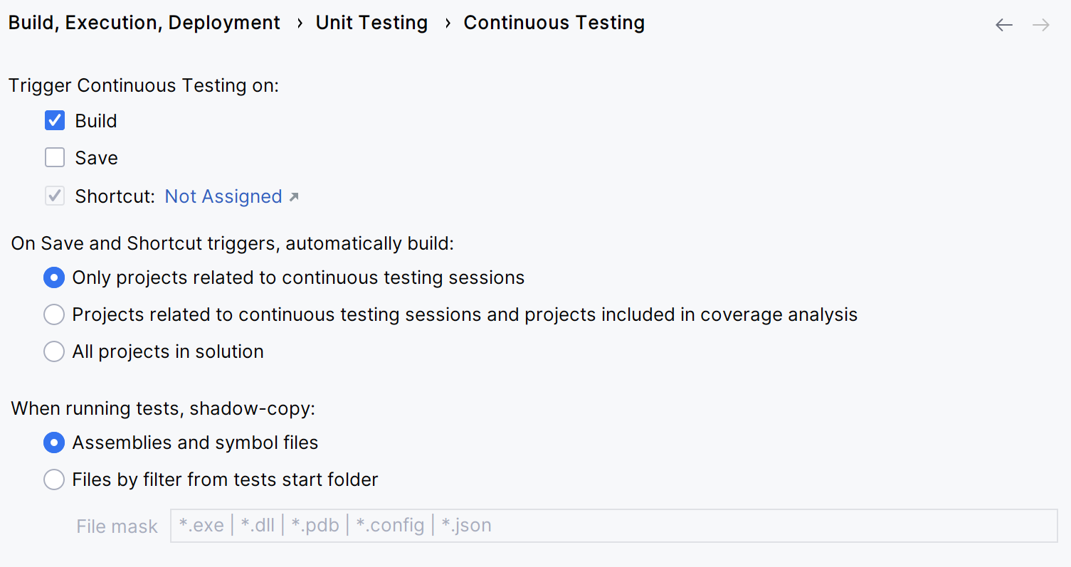 JetBrains Rider: Continuous Testing settings JetBrains Rider: Continuous Testing settings