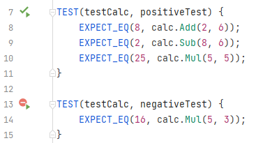 JetBrains Rider shows different indicators for unit tests in the editor JetBrains Rider shows different indicators for unit tests in the editor