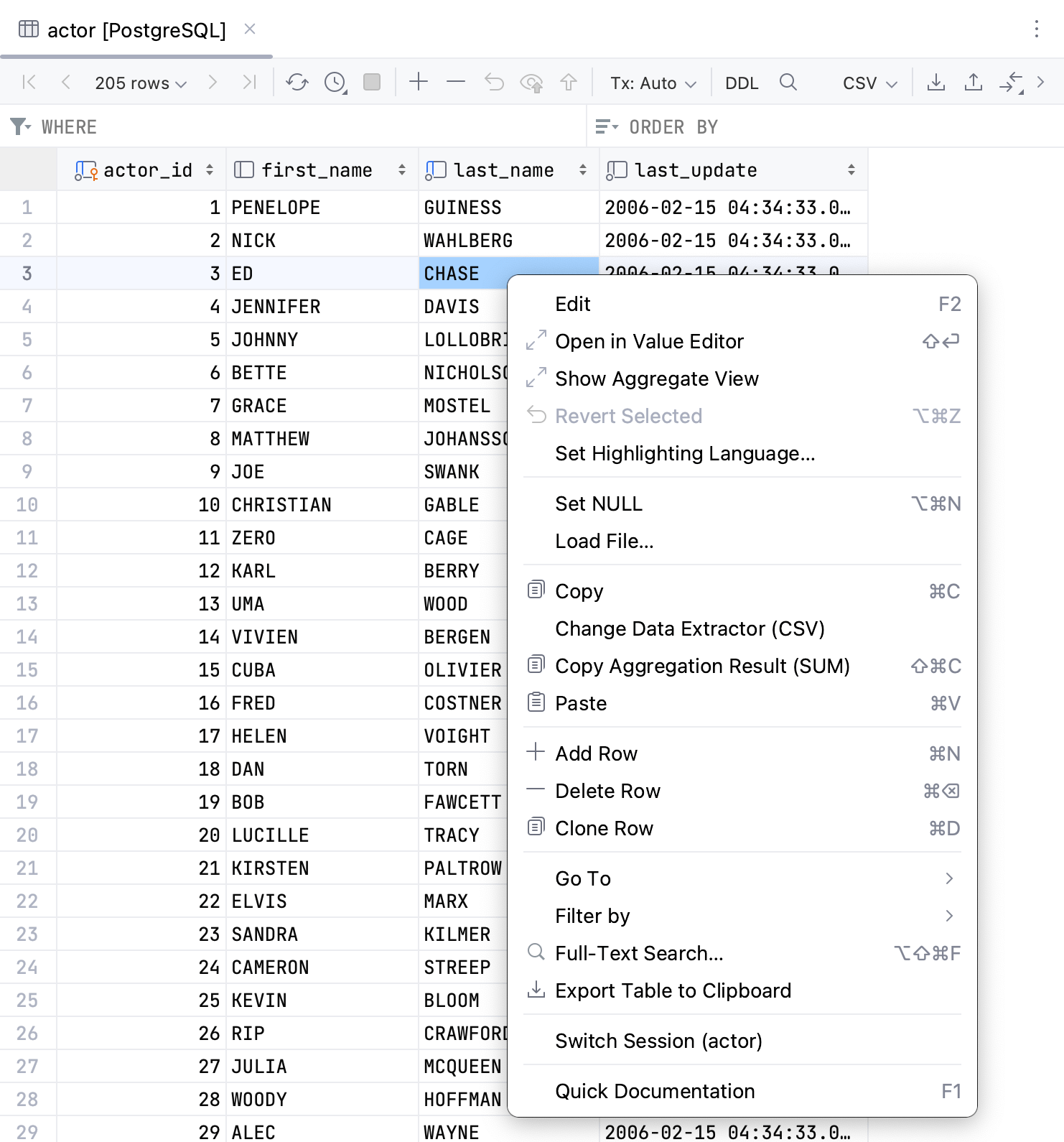 Context menu of a cell in data editor Context menu of a cell in data editor