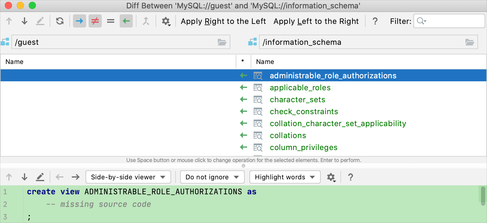 Compare two schemas Compare two schemas