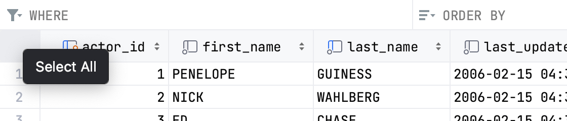 The Select All button in the data editor The Select All button in the data editor