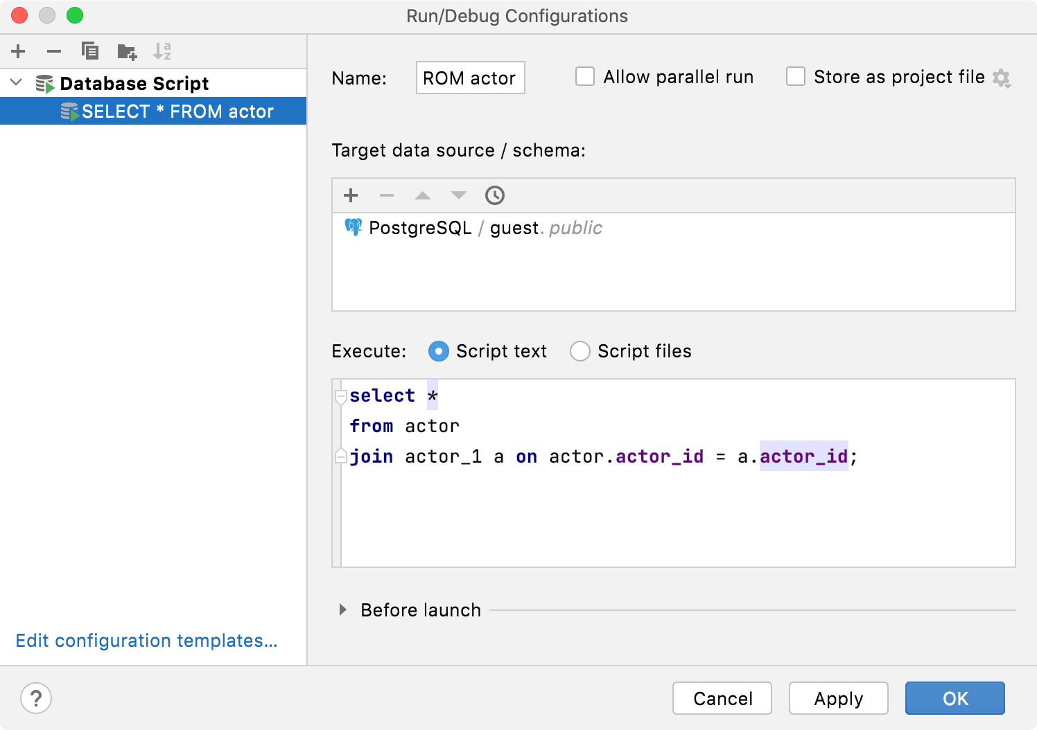 Run/Debug Configuration for database scripts Run/Debug Configuration for database scripts