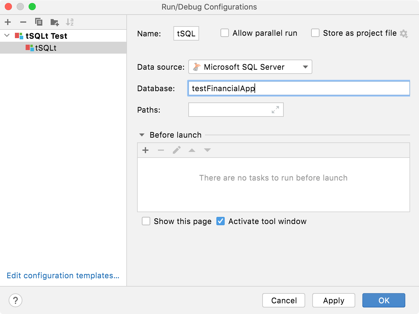 Run/Debug Configuration for tSQLt tests Run/Debug Configuration for tSQLt tests