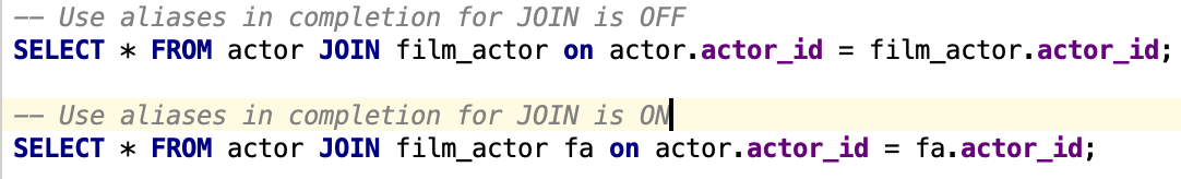 Use aliases in completion for JOIN Use aliases in completion for JOIN