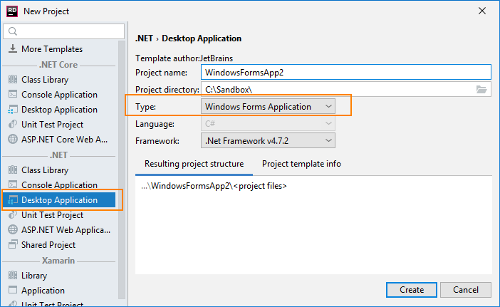 JetBrains&nbsp;Rider: project template for Windows Forms project