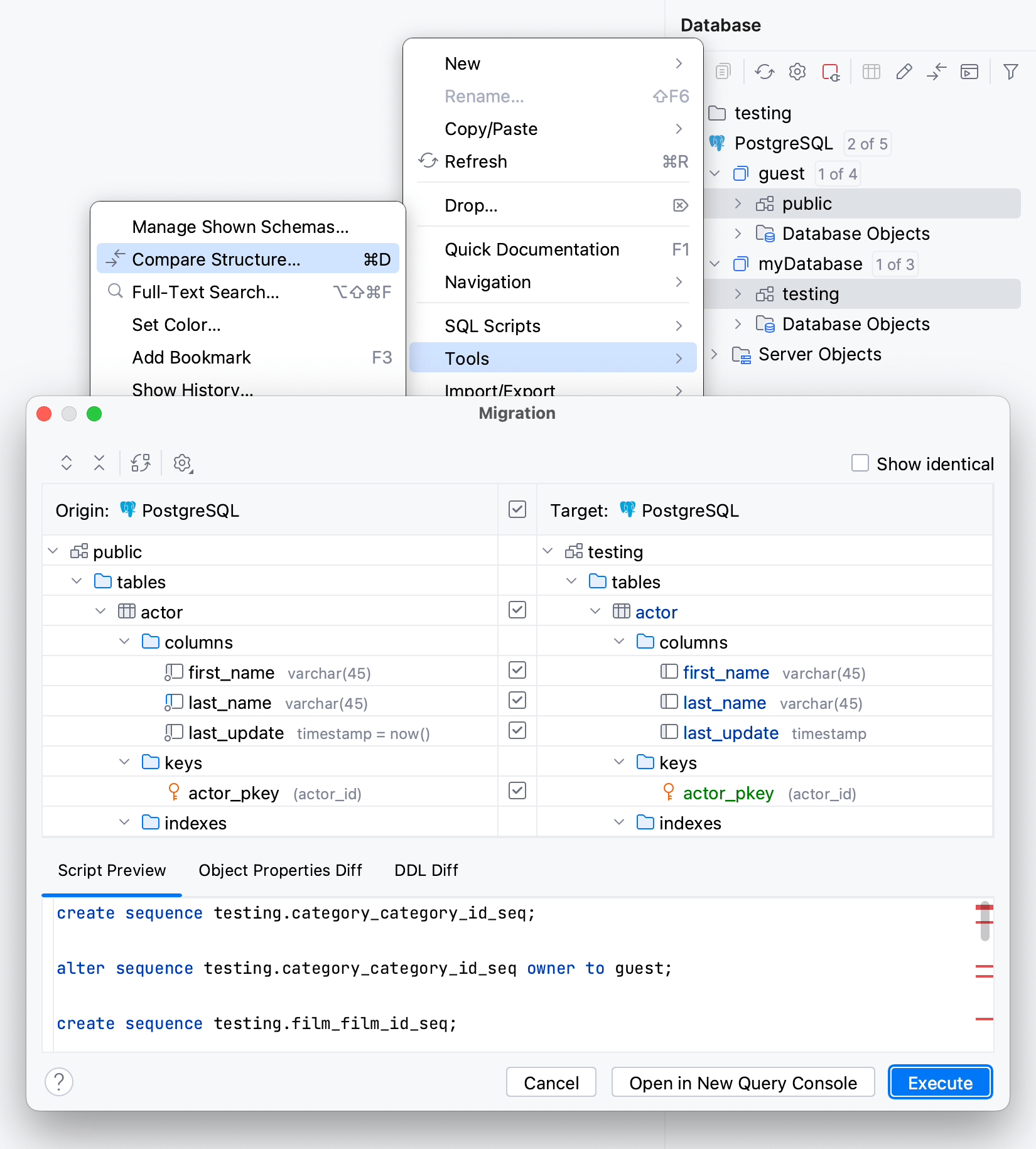 Differences between objects in the Migration dialog Differences between objects in the Migration dialog