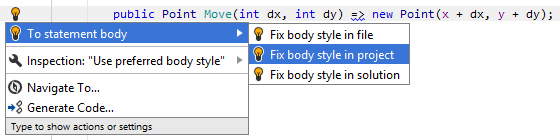 JetBrains Rider. 'To statement body' quick-fix JetBrains Rider. 'To statement body' quick-fix