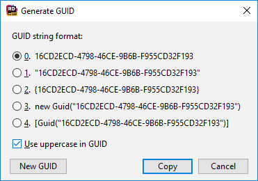 JetBrains Rider: 'Generate GUID' dialog JetBrains Rider: 'Generate GUID' dialog