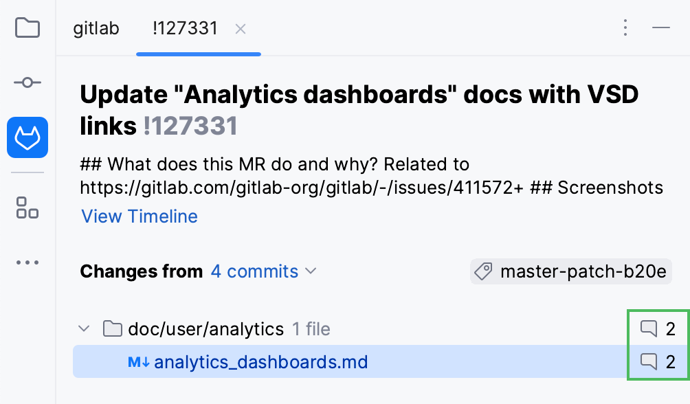 Commented files in the Merge Requests tool window Commented files in the Merge Requests tool window