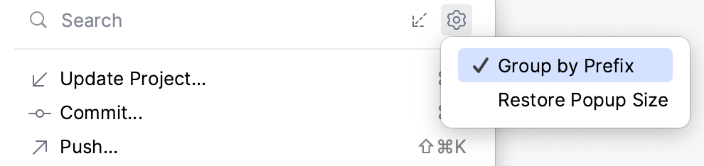 Group by Prefix option in the Branches popup Group by Prefix option in the Branches popup
