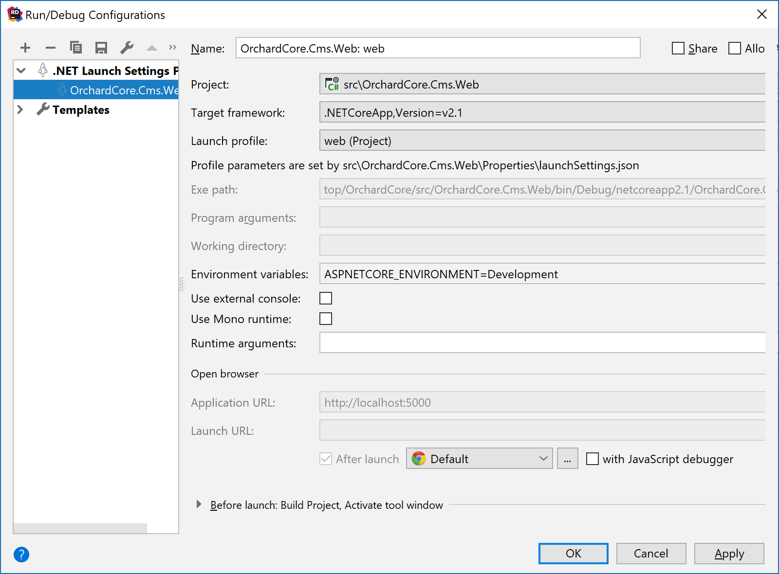 JetBrains&nbsp;Rider: Editing run/debug configuration based on launchSettings.json