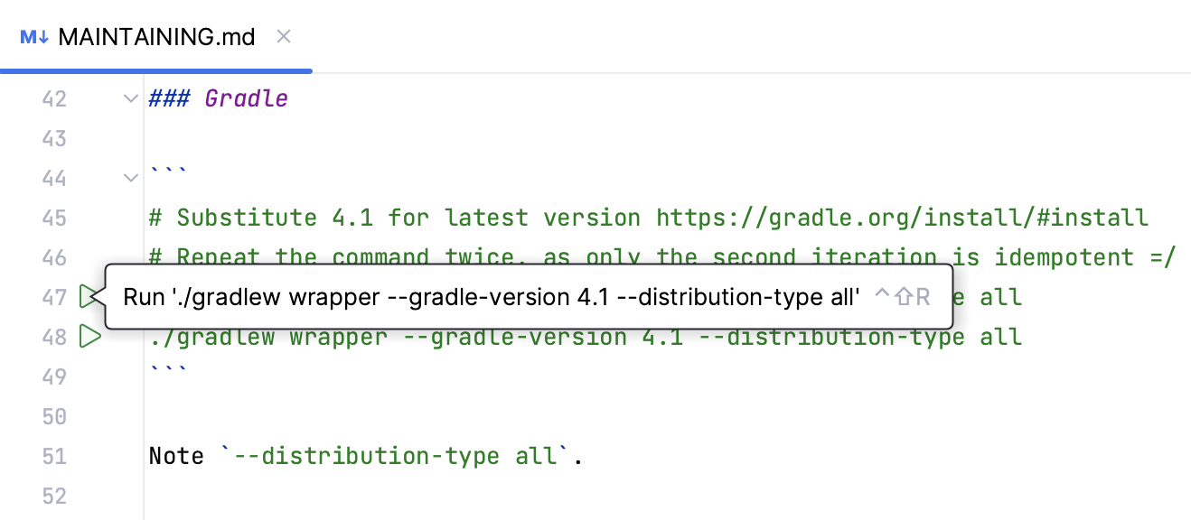 Gutter icons for running commands detected in Markdown files Gutter icons for running commands detected in Markdown files