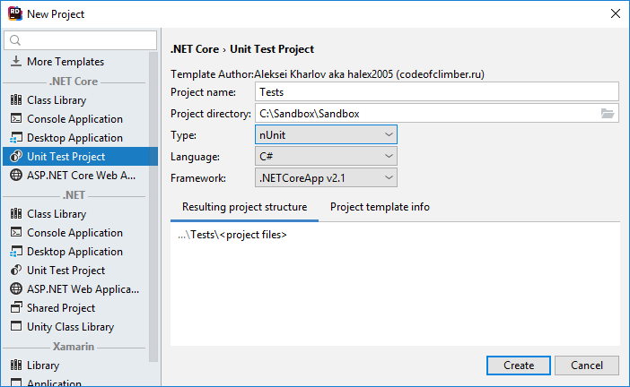 JetBrains&nbsp;Rider: project template for NUnit test project
