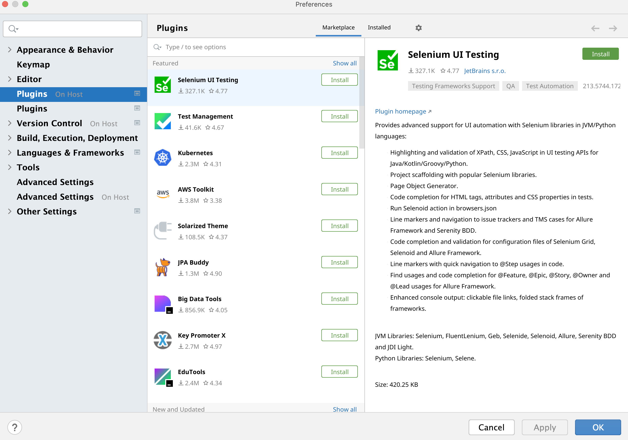 The Plugins settings dialog The Plugins settings dialog