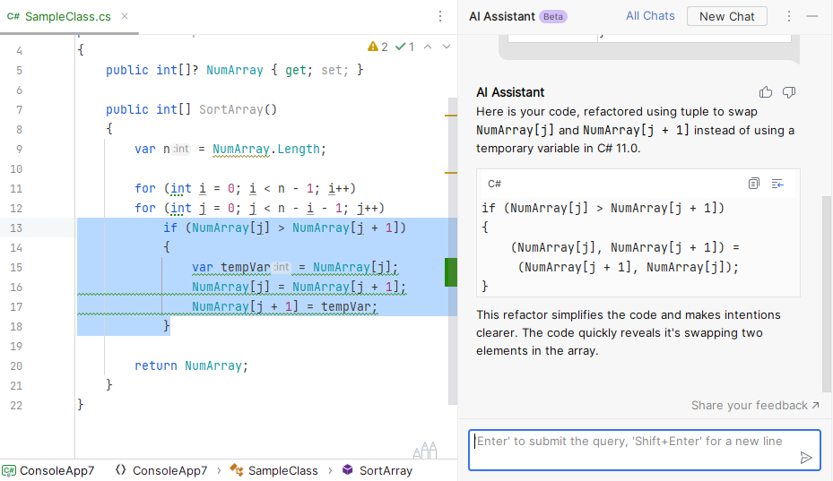 JetBrains Rider: AI Assistant suggests refactoring