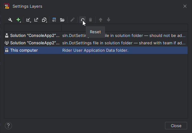 JetBrains&nbsp;Rider: Reset settings of selected layer