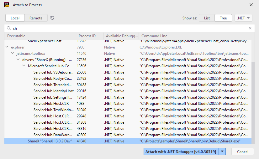 Select a process to attach Select a process to attach